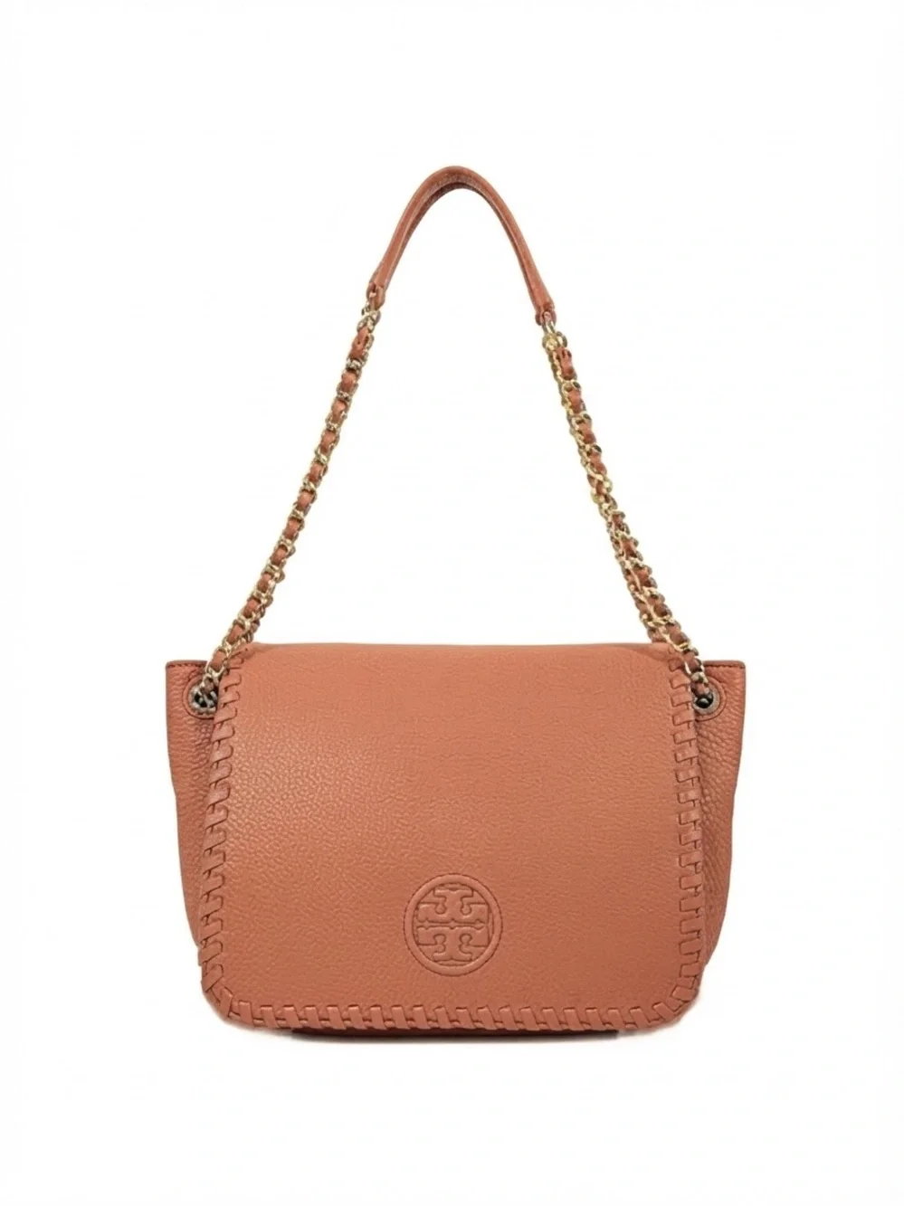 Tory Burch Marion Pebbled Leather Shoulder Bag – Tan Whipstitch